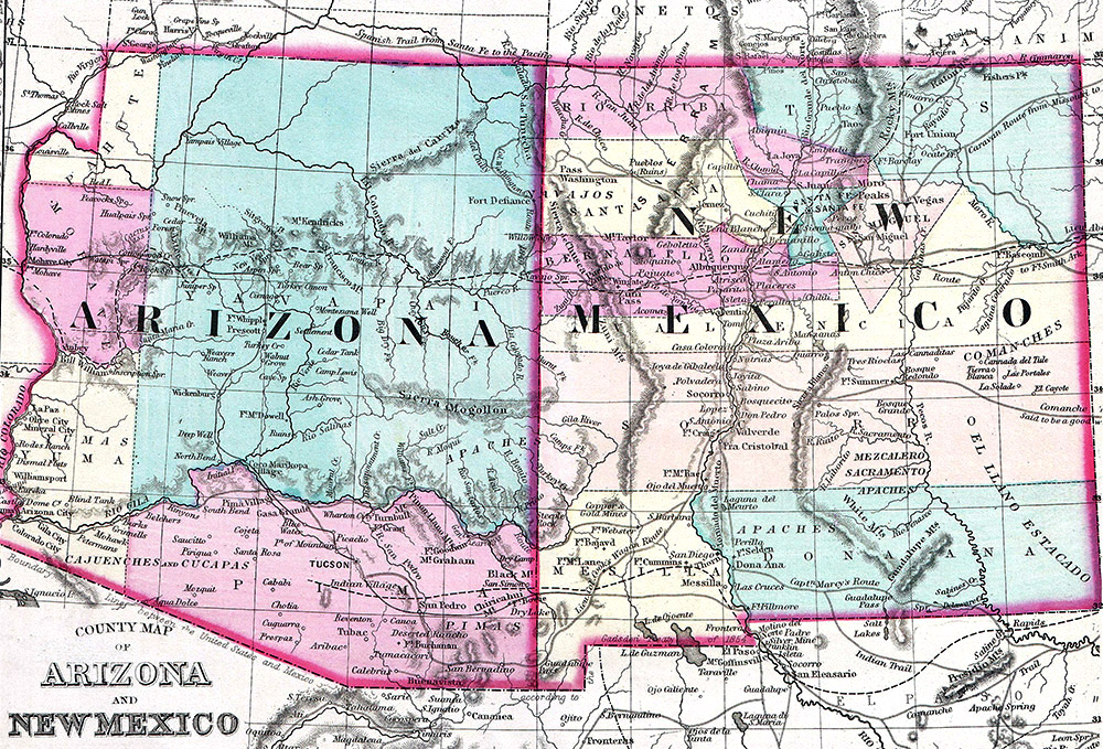 arizona and new mexico in an old map.